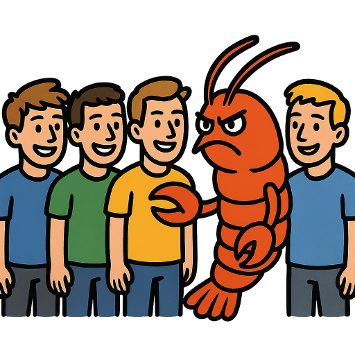 5 male white friends and a human sized shrimp who is the 6th of the group, a bit angry.