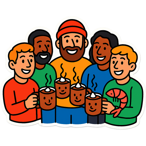 5 dudes drinking hot chocolate with rum and one shrimp