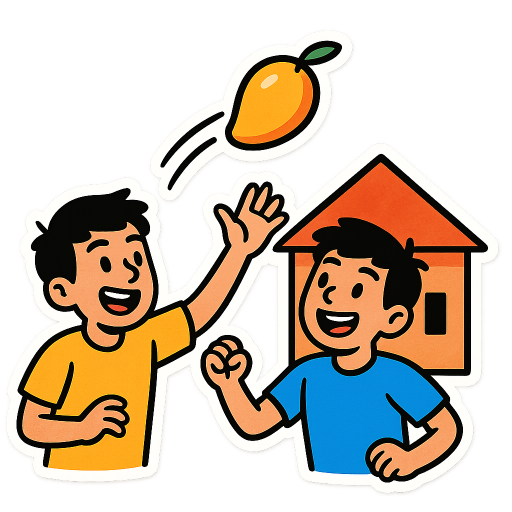 2 guys throwing a mango at the roof