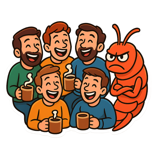 “Create a fun, cartoon-style sticker illustration with a thick white border. Show a group of 6 male friends sitting together. 5 of them are happy and cheerful, each holding a mug of hot chocolate with rum, laughing and having a great time. The 6th friend is an actual shrimp and visibly grumpy and a bit angry — he has furrowed brows, a scowl, crossed arms, and looks annoyed while the others are enjoying themselves. He also has a mug but is barely touching it. The style should be colorful, expressive, and sticker-ready with bold outlines and exaggerated facial expressions. White background.”