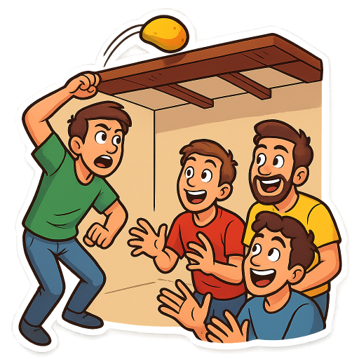 “Create a fun, cartoon-style sticker illustration with a thick white border. Show 4 male friends inside a room, looking up at the exposed wooden ceiling beams. They are playing a silly game trying to throw a mango so it lands and stays on top of one of the beams. One of them is mid-throw with an exaggerated wind-up pose. The mango is shown teetering on the edge of a beam, about to fall back down. Another friend below has his hands out ready to catch it for the next attempt. Their expressions are a mix of intense concentration, excitement, and laughter. The style should be colorful, expressive, and sticker-ready with bold outlines and exaggerated facial expressions. White background.“​​​​​​​​​​​​​​​​