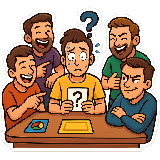 “Create a fun, cartoon-style sticker illustration with a thick white border. Show 6 male friends sitting around a table playing a trivia or quiz game. One of the guys is in the spotlight looking completely clueless and embarrassed, with a comically simple question visible on a card in front of him (something obviously easy). 4 of the friends are bursting out laughing, some pointing at him, some holding their stomachs or wiping tears from laughter. The 6th friend is the grumpy one — he’s laughing too but still managing to look annoyed and grumpy about it, with furrowed brows even while smirking. The clueless guy has sweat drops, a confused expression, and maybe a question mark floating above his head. The style should be colorful, expressive, and sticker-ready with bold outlines and exaggerated facial expressions. White background.“​​​​​​​​​​​​​​​​