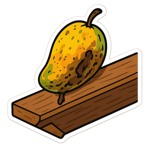 rotten disgusting mango teetering at the edge of a exposed wooden beam at the ceiling oh a house
