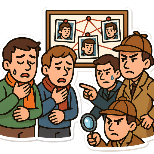 “Create a fun, cartoon-style sticker illustration with a thick white border. Show 6 male friends in a detective-style scene. 2 of them are visibly sick, holding their throats with pained expressions, wearing scarves, and looking miserable. The other 4 (including the grumpy one who still looks annoyed as always) are acting like detectives, suspiciously pointing fingers at each other trying to figure out who was ‘patient zero.’ One of them is sneakily looking away trying to avoid eye contact, looking guilty with a tiny sweat drop. Add fun details like a magnifying glass, a detective hat on one of them, and maybe a conspiracy-style red string board in the background connecting their faces. The style should be colorful, expressive, and sticker-ready with bold outlines and exaggerated facial expressions. White background.“​​​​​​​​​​​​​​​​
