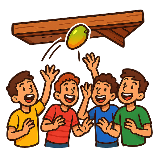create a fun, cartoon style sticker illustration. Show 4 male friends trying to throw a mango on top of a wooden beam. The wooden beam is under the ceiling of the room. The 4 male friends never had this much fun in their lives. The style should be colorful, expressive and sticker-ready with bold outlines. White background.