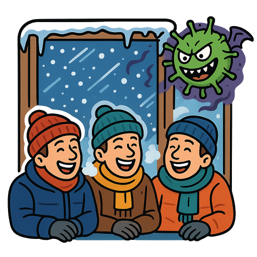 Sticker-style illustration, bold outlines, white border, vibrant colors, cartoon aesthetic. Three guys sitting together in front of a wide-open window, bundled up in winter coats, scarves, and beanies. They are grinning and laughing, looking totally content. Outside the window, a blizzard rages — snow swirling, icicles hanging from the window frame, frost creeping along the edges. The room itself is visibly freezing, with visible breath clouds coming from the guys.
Flying in through the open window is an anthropomorphic virus particle — a spiked green sphere with angry cartoon eyes, a menacing grin with sharp teeth, and small bat-like wings. It has an evil aura, with faint purple stink lines or a dark glow around it, clearly looking villainous and scheming. The virus is heading straight toward the oblivious, happy guys.
Flat color palette, thick black outlines, die-cut sticker format with a thin white border around the entire scene. No background outside the sticker shape.
