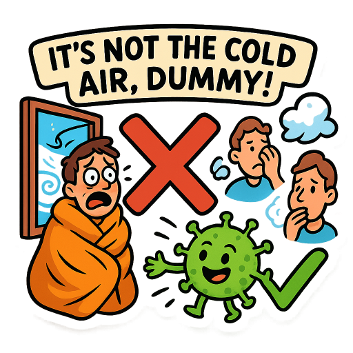 “Create a fun, cartoon-style sticker illustration with a thick white border. Show a comedic educational scene debunking the myth that cold air makes you sick. On the left side, show a guy dramatically panicking next to an open window with cold air blowing in, wrapped in blankets, looking terrified as if the cold breeze is a monster. On the right side, show a friendly cartoon virus character (with little arms and legs) sneaking in through a handshake, a sneeze cloud, and someone touching their face — the actual ways people get sick. In the middle, put a big red X over the cold air and a big green checkmark over the virus/germs side. Add a small banner or text at the top saying ‘It’s not the cold air, dummy!’ in a playful font. The style should be colorful, expressive, and sticker-ready with bold outlines and exaggerated expressions. White background.“​​​​​​​​​​​​​​​​