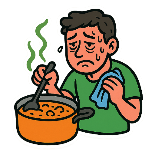 a dude cooking a curry and the man is visibly sick