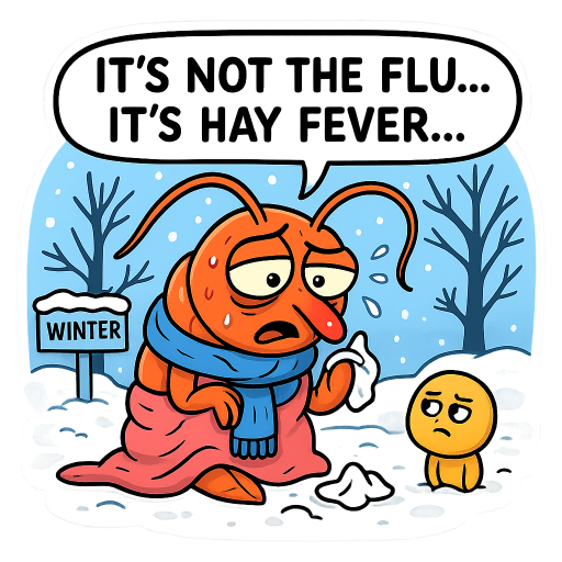 “Create a fun, cartoon-style sticker illustration with a thick white border. Show a comedic scene of a confused shrimp who is clearly sick, but is stubbornly insisting it’s just hay fever. The shrimp should have a red, runny nose, watery eyes, look exhausted and miserable, maybe wrapped in a tiny scarf or blanket, with a few tissues around. Give it a very confused, slightly delusional expression, like it is trying to act casual while obviously having a full-on winter cold or flu.
Make it clear that it is the middle of winter: add snow outside, icy surroundings, bare trees, and an obvious cold-weather atmosphere with absolutely no flowers, no blooming plants, and no pollen anywhere. To emphasize the joke, include small visual hints that hay fever makes no sense here, like an empty pollen chart at zero, frozen plants, or a little sign saying ‘Winter’ nearby.
Add a speech bubble from the shrimp saying something like: ‘It’s not the flu… it’s hay fever…’ while it is visibly sniffing and suffering. You can also include a tiny skeptical friend character or side element reacting with disbelief, as if everyone else can clearly see the shrimp is just sick.
The style should be colorful, expressive, and funny, with bold outlines, exaggerated facial expressions, and a clean white background. Make it look sticker-ready, playful, and perfect as a humorous friends group sticker.”