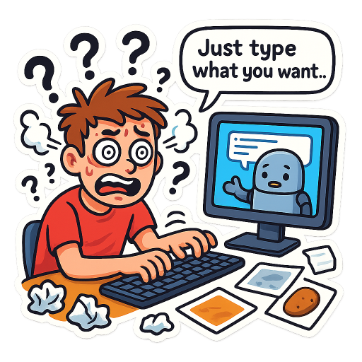 “Create a fun, cartoon-style sticker illustration with a thick white border. Show a guy sitting at his computer looking completely overwhelmed and confused, with a chat window open showing a friendly sticker-making bot. The screen is glowing but the guy has spiraling eyes, question marks floating all over his head, and steam coming out of his ears. He is pressing random keys on the keyboard in a panic. Around him are failed sticker attempts — crumpled papers, weird blurry printouts, a sticker that’s just a blank square, one that’s completely wrong like a photo of a potato. A small cartoon robot mascot on the screen has a patient but exhausted expression, as if it has explained the same thing 100 times. Add a small text bubble from the bot saying ‘Just type what you want…’ while the guy is typing something like ‘asdfjkl???’. The style should be colorful, expressive, and sticker-ready with bold outlines and exaggerated facial expressions. White background.“​​​​​​​​​​​​​​​​