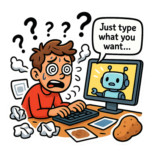 “Create a fun, cartoon-style sticker illustration with a thick white border. Show a guy sitting at his computer looking completely overwhelmed and confused, with a chat window open showing a friendly sticker-making bot. The screen is glowing but the guy has spiraling eyes, question marks floating all over his head, and steam coming out of his ears. He is pressing random keys on the keyboard in a panic. Around him are failed sticker attempts — crumpled papers, weird blurry printouts, a sticker that’s just a blank square, one that’s completely wrong like a photo of a potato. A small cartoon robot mascot on the screen has a patient but exhausted expression, as if it has explained the same thing 100 times. Add a small text bubble from the bot saying ‘Just type what you want…’ while the guy is typing something like ‘asdfjkl???’. The style should be colorful, expressive, and sticker-ready with bold outlines and exaggerated facial expressions. White background.“​​​​​​​​​​​​​​​​