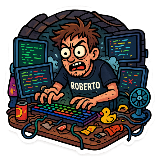 “Create a fun, cartoon-style sticker illustration with a thick white border. Show a funny hacker guy at home in his cellar, fully locked into absurd ‘extreme vibe coding’ mode. He should be sitting at a messy glowing computer setup with multiple monitors, colorful RGB lights, cables everywhere, empty energy drink cans, snack wrappers, and chaotic tech clutter all around him. The cellar should feel nerdy, slightly over-the-top, and hilariously intense, like this is his secret underground coding lair.

The hacker guy should look wildly focused but also slightly unhinged in a funny way — messy hair, huge tired eyes, maybe dark circles, typing at maximum speed with exaggerated energy. Give him a dramatic pose, like he thinks he is single-handedly hacking the universe while actually just ‘vibe coding’ nonsense. He should be wearing a clearly visible T-shirt with ‘ROBERTO’ written on it in a bold, funny way.

Add playful details that make the whole scene more ridiculous: random code windows flying across the screens, one monitor showing meaningless but dramatic green hacker text, another showing broken code, maybe a rubber duck, a lava lamp, a tiny fan, or a stupidly overpowered mechanical keyboard setup. You can also add a little cloud of chaos around him to show the insane coding energy.

Make his expression intense but comedic, like he is deeply convinced he is a genius in the middle of a legendary coding session. The style should be colorful, expressive, exaggerated, and sticker-ready with bold outlines, strong cartoon facial expressions, and a clean white background.”