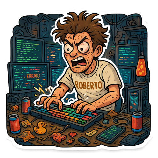 /sticker “Create a fun, highly detailed cartoon-style sticker illustration with a thick, clean white border so the whole scene feels like a collectible sticker. The illustration should show a funny hacker guy at home in his cellar, completely immersed in an absurd and exaggerated ‘extreme vibe coding’ session. He is sitting at a chaotic, glowing computer setup surrounded by multiple large monitors, bright colorful RGB lights, tangled cables, empty energy drink cans, half-eaten snacks, crumpled wrappers, and all kinds of messy tech clutter scattered around him. The cellar should feel nerdy, slightly ridiculous, and hilariously intense — like this is his secret underground coding bunker where he believes legendary software is being created.

The hacker guy should look extremely focused but also a bit unhinged in a comedic way. His hair should be messy and wild, his eyes wide and slightly bloodshot from staring at screens for too long, with visible dark circles under them. He should be typing at maximum speed with exaggerated energy, fingers flying across the keyboard like he is performing some heroic digital battle. His posture should be dramatic, leaning forward in total concentration as if he believes he is single-handedly hacking the entire universe, when in reality he is just ‘vibe coding’ nonsense that barely works.

Make sure he is wearing a clearly visible T-shirt with the name ‘ROBERTO’ written across it in bold, funny lettering so it stands out as part of the character’s identity. The shirt can be slightly wrinkled or oversized to emphasize the chaotic coding lifestyle.

The computer setup should feel over-the-top and absurdly elaborate. Several monitors should display chaotic code windows, flashing debug messages, colorful terminal screens, and floating lines of code. One monitor can show classic green “hacker style” text scrolling dramatically even though it doesn’t mean anything. Another monitor could show clearly broken code full of errors, warnings, or random symbols. Another could display graphs, terminals, or nonsense UI elements that look complicated but pointless.

Add lots of playful details throughout the scene to make everything more ridiculous and lively. Include things like a small rubber duck sitting on the desk for debugging inspiration, a glowing lava lamp bubbling quietly in the background, a tiny desk fan blowing papers around, sticky notes with confusing scribbles, random USB sticks, and maybe a comically oversized mechanical keyboard with huge colorful keys. The keyboard could look absurdly powerful, almost like a control panel for launching rockets instead of typing code.

The desk itself should be messy and chaotic. There could be coffee stains, scattered cables, stacked hardware boxes, tangled chargers, and maybe a cracked smartphone displaying more code. The computer tower could glow with bright RGB lights and transparent panels showing fans spinning dramatically.

Around the hacker guy, you can add visual hints of the intense ‘coding energy’ happening in the room. For example, floating lines of code swirling in the air, small lightning-like sparks of inspiration, glowing icons, or chaotic motion lines around his hands and keyboard to show how fast he is typing. A small cloud or aura of chaotic creativity could surround him to emphasize the insane vibe coding atmosphere.

The cellar environment should feel like a secret underground lab for nerdy experiments. The walls could be made of concrete or brick, with cables running along them, posters about programming or tech, and shelves full of random gadgets, routers, and mysterious hardware. Maybe there are blinking LEDs, stacked servers, or strange electronics humming quietly in the background.

Despite all the chaos, the overall tone should remain playful and comedic. The hacker’s expression should show intense determination mixed with slightly ridiculous confidence, as if he truly believes he is a coding genius in the middle of a legendary programming breakthrough.