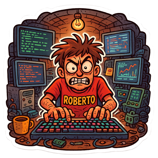 /sticker “Create a highly detailed, colorful cartoon-style sticker illustration with a thick, smooth white border around the entire composition so it looks like a collectible sticker that could be placed on a laptop, notebook, or water bottle. The style should be playful, expressive, exaggerated, and full of personality, with bold outlines, dynamic lighting, and vibrant colors. The entire scene should feel energetic, chaotic, nerdy, and comedic, like a humorous tribute to the absurd intensity of late-night coding sessions.

The main subject of the illustration is a funny hacker guy sitting deep in his cellar, completely immersed in a ridiculous and exaggerated ‘extreme vibe coding’ session. The cellar should clearly feel like his secret underground coding lair — a slightly messy, nerdy bunker filled with glowing tech equipment, blinking lights, random gadgets, and piles of hardware that have clearly accumulated over years of obsessive tinkering.

The hacker should be seated in a slightly worn-out office chair that spins a little crookedly, leaning dramatically forward toward a chaotic desk setup. His posture should look intense and determined, almost heroic, as if he believes he is on the verge of discovering the most revolutionary piece of software ever created. However, the comedic twist should be that he is obviously just vibe coding nonsense with absolute confidence.

His appearance should emphasize the over-the-top dedication of someone who has been coding for far too many hours. His hair should be messy and sticking out in random directions, as if he has been running his hands through it while debugging for hours. His eyes should be huge, slightly bloodshot, and wide open with hyper-focus. There should be visible dark circles under his eyes, suggesting long nights of caffeine-fueled coding marathons. Despite looking exhausted, he should still radiate ridiculous confidence and enthusiasm.

His fingers should be flying across a large mechanical keyboard at absurd speed, with exaggerated motion lines showing intense typing energy. The keyboard itself should look powerful and ridiculous, perhaps oversized, with colorful RGB lighting glowing beneath the keys and mechanical switches clicking dramatically. It could even look like a control panel for a spaceship rather than a normal keyboard.

The hacker should be wearing a clearly visible T-shirt with the name ‘ROBERTO’ printed boldly across the front in large, funny lettering. The text should stand out clearly and be easy to read. The shirt can be slightly wrinkled or stretched, reinforcing the casual, chaotic vibe of someone who has been sitting in the same chair coding for hours without noticing.

The desk in front of him should be completely overloaded with tech equipment and clutter. Multiple monitors should be stacked around him at different heights and angles, creating a dramatic semicircle of glowing screens. Each monitor should display something different to emphasize the chaotic energy of the scene.

One screen could show dramatic green “hacker-style” terminal text scrolling rapidly downward, even though the content is completely meaningless. Another monitor could display lines of broken code filled with red error messages, warnings, and syntax mistakes that he is confidently ignoring. Another screen might show a complicated-looking graph with colorful lines spiking wildly for no obvious reason. Yet another monitor could show random pop-up windows, terminal logs, debugging panels, or strange system statistics that make everything feel important and intense.

Some of the screens could even have floating windows overlapping each other in a messy way, suggesting that he has far too many things open at once. Tiny text, code fragments, command prompts, and progress bars could be scattered across the displays to reinforce the feeling of overwhelming technical chaos.

Add lots of small comedic details across the desk to make the scene feel richer and more ridiculous.