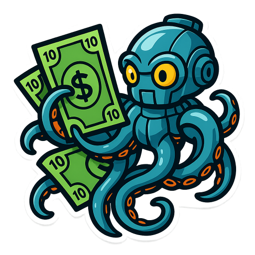 a robotic kraken grabing $10 notes with his tentacles