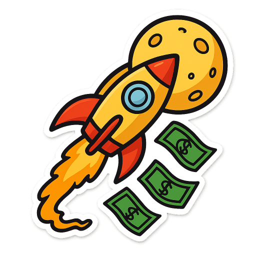 a rocket flying to the moon, leaving money on its trail