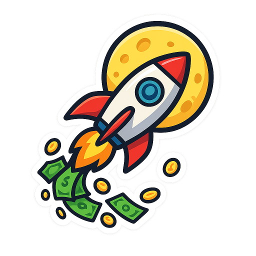A clean, high-quality sticker illustration of a rocket flying toward the moon, leaving a trail made of floating money (banknotes and coins). The rocket is stylized and slightly cartoonish, angled upward as if launching into space. The money forms a curved trail behind the rocket like exhaust. A large glowing moon in the background. Bold, vibrant colors, strong outlines, smooth shading, minimal details so it works well as a sticker. White sticker border around the design, transparent background, centered composition, vector-style illustration, high contrast, playful and modern design.