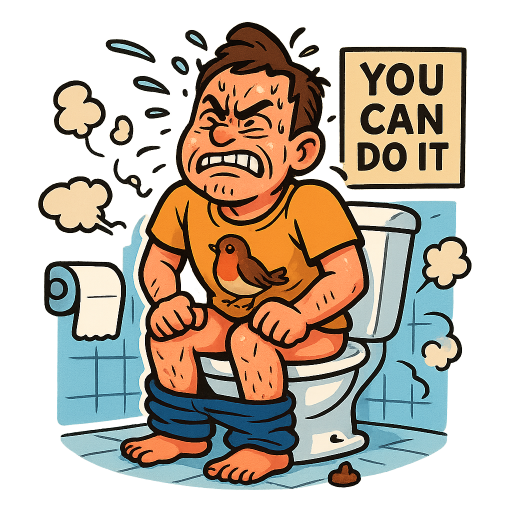 “Create a fun, cartoon-style sticker illustration with a thick white border. Show a funny guy in an absurdly dramatic bathroom scene, clearly giving it absolutely everything just to poop his once-a-day tiny result. He should be sitting on a toilet with extreme effort, sweating hard, gripping with full body tension, and making an intensely concentrated, over-serious face like he is performing the greatest physical challenge of his life.

He should be wearing a clearly visible T-shirt with a cartoon robin on it. His expression should be hilariously intense — clenched jaw, furrowed brows, maybe a trembling pose — like he is fighting for survival, even though the outcome is ridiculously underwhelming. The joke is that after all that effort, only one hilariously tiny poop comes out: a very small single poop ball, about grape-sized.

Make the contrast the main comedic focus: maximum struggle, minimum result. Add funny exaggerated details like sweat drops flying, dramatic stress lines, maybe his feet pushing hard against the floor, and an over-the-top aura of effort around him. You can also include silly background details like a toilet paper roll, a tiny bathroom fan, maybe a motivational poster in the back, or cartoon tension clouds to make the scene even more ridiculous.

The style should be colorful, expressive, exaggerated, and sticker-ready with bold outlines, strong cartoon facial expressions, and a clean white background. Keep it playful and comedic, not gross or realistic.”