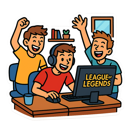 3 guys in home office plaing league of legends and having fun instead of working