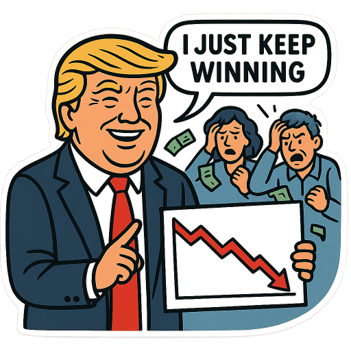 donald trump looking at chart that represents the stock market, the stock market is red and going down. but trump is happy and says i just keep winning, while in the back are angry people losing money