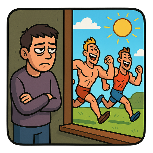 A humorous cartoon sticker inspired by the classic meme format: a sad, bored character standing indoors looking out a window, while two energetic characters happily run and play outside.

Inside: a melancholic Albanian man named Denis (short dark hair, casual clothes, slightly tired expression) standing by the window, arms crossed, looking out with envy.

Outside: two exaggerated “gigachad” characters — tall, muscular, confident, with sharp jawlines — running in circles and having fun, full of energy and confidence.

Style: colorful cartoon style similar to SpongeBob SquarePants, but original (no copyrighted characters). Exaggerated facial expressions, clean outlines, vibrant colors.

Composition: split clearly between inside (dim, muted tones) and outside (bright, sunny, lively).

Sticker style: bold outlines, slightly simplified shapes, transparent background, high contrast, expressive and meme-ready.