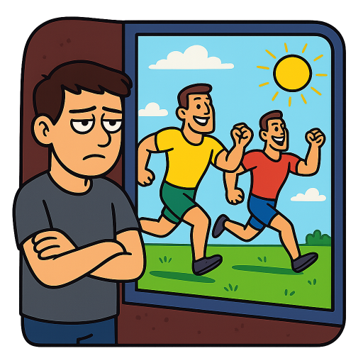 remix: a  humorous cartoon sticker inspired by the classic meme format: a sad, bored character standing indoors looking out a window, while two energetic characters happily run and play outside.

Inside: a melancholic Albanian man named Denis (short dark hair, casual clothes, slightly tired expression) standing by the window, arms crossed, looking out with envy.

Outside: two exaggerated “gigachad” characters — tall, muscular, confident, with sharp jawlines — running in circles and having fun, full of energy and confidence.

Style: colorful cartoon style similar to SpongeBob SquarePants, but original (no copyrighted characters). Exaggerated facial expressions, clean outlines, vibrant colors.

Composition: split clearly between inside (dim, muted tones) and outside (bright, sunny, lively).

Sticker style: bold outlines, slightly simplified shapes, transparent background, high contrast, expressive and meme-ready.