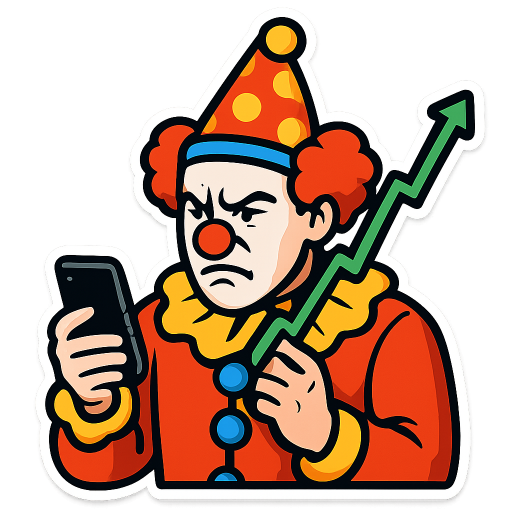 a very serious stock trader wearing a clown costume