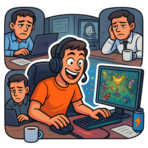 A humorous cartoon sticker inspired by the classic “sad people stuck working while one lucky guy is having the time of his life gaming” meme format.

Scene: split composition showing one very lucky guy at home playing League of Legends, while three other guys are also at home but sadly working instead of enjoying the madness of League.

Center focus: the lucky gamer sitting at his setup, fully locked into League of Legends, wearing a headset, grinning like he has won at life. He looks relaxed, happy, and completely absorbed in the game. His room glows with colorful monitor light, RGB effects, and chaotic “best day ever” energy. On the screen: a dramatic MOBA-style battle with flashy abilities, minions, towers, and a victory-like atmosphere.

In the background / side panels: three other men at their own desks at home, each working on boring office tasks instead. They look exhausted, frustrated, and deeply jealous. One is typing on a laptop with spreadsheets open, one is in a miserable video call, one is staring blankly at lines of code or emails. All three clearly wish they were playing League instead.

Mood contrast:

Lucky gamer side: euphoric, colorful, lively, chaotic fun, “crazy happy League time”
Working guys side: dull, grey, low-energy, depressing work-from-home vibe

Style: colorful cartoon style similar to over-the-top TV animation energy, but fully original. Exaggerated facial expressions, meme-ready body language, clean bold outlines, vibrant colors.

Details: energy drinks, gaming mouse, mechanical keyboard, flashy spell effects on the monitor, maybe a “VICTORY” feel. The workers should have muted lighting, plain desks, tired eyes, coffee mugs, documents, and corporate misery.

Sticker style: bold white outline, simplified readable shapes, transparent background, high contrast, expressive and funny.
