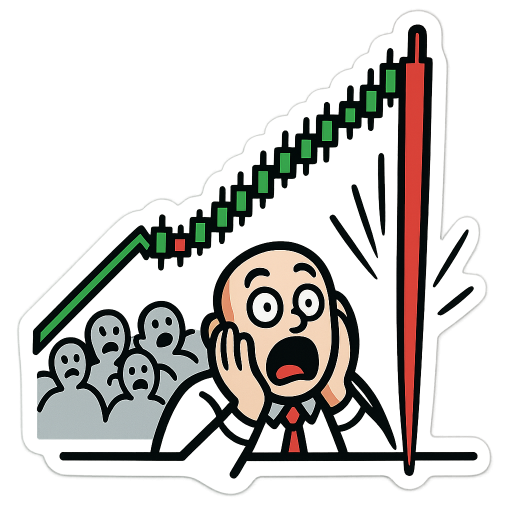 A stylized sticker illustration of a stock market chart showing a dramatic ‘endless rally’ that suddenly collapses straight down to zero. The chart starts with a smooth, confident upward trend with green candles, then sharply crashes into a vertical red plunge hitting zero. Add exaggerated motion lines to emphasize the fall. Include emotional elements like a shocked trader face or panicking crowd in the background. Bold, meme-style aesthetic, high contrast colors (green to red), minimal background, thick outlines, designed as a clean sticker with transparent background.