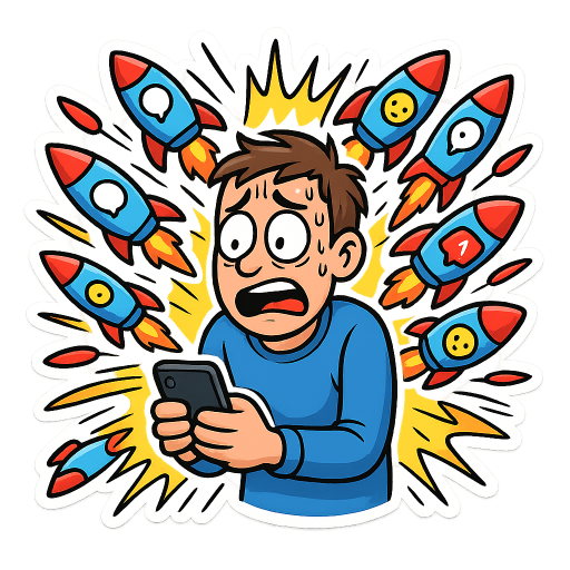 A humorous sticker illustration of a stressed group chat admin being overwhelmed by a chaotic barrage of notifications depicted as cartoon rockets flying toward them. The admin is holding a phone, eyes wide in panic, while dozens of colorful ‘message rockets’ with chat icons, emojis, and notification symbols streak in from all directions. Exaggerated motion lines, explosive comic-style impact effects (non-realistic), and exaggerated expressions. Bright, playful colors, bold outlines, meme-style composition, clean sticker design with transparent background.