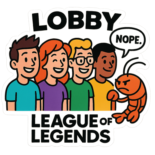 4 happy guys waiting in league of legends lobby waiting for a mad shrimp to join but he does not want to come and play with the guys