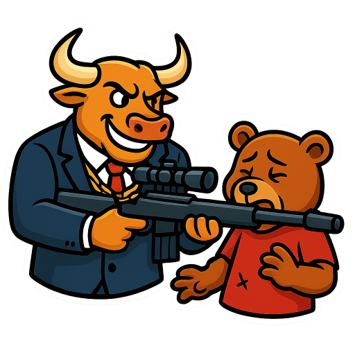 a rich bull shooting a poor bear with a sniper rifle