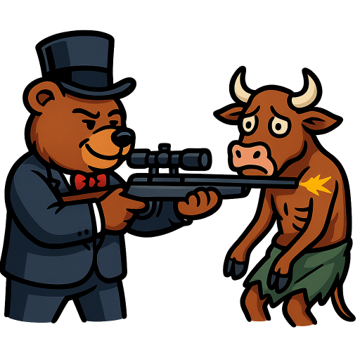 a rich bear shooting a poor bull with a sniper rifle