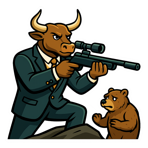 A stylized sticker illustration of a wealthy, confident bull (symbolizing finance/markets) dressed in a sharp business suit with gold accessories, positioned on a high vantage point, calmly aiming a modern sniper rifle. In the distance below, a struggling, scrappy bear (symbolizing a market downturn) looks worn and defensive. The scene is symbolic rather than graphic: no gore, no explicit violence, just tension and contrast.

Art style: bold vector illustration, clean lines, high contrast, slightly cartoonish but sharp and expressive.

Composition: dynamic diagonal framing, bull in foreground, bear smaller in background to emphasize power imbalance.

Color palette: rich golds, deep greens, and blacks for the bull; muted browns and grays for the bear.

Mood: satirical, financial-market metaphor, slightly dark humor.

Sticker style: thick white outline, minimal background, clean edges, high readability at small sizes.