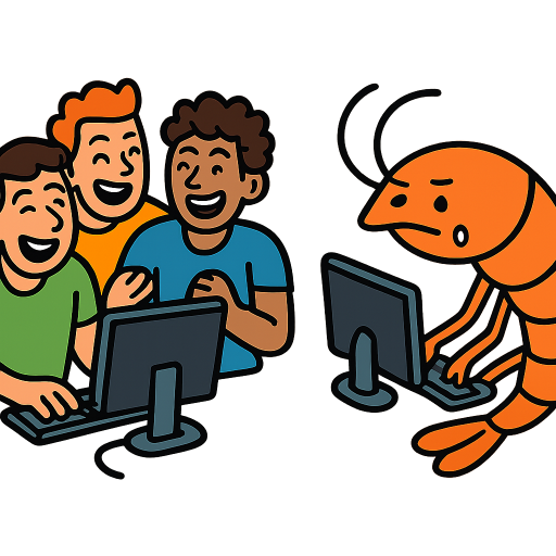 4 guys having fun playing a computer game together and a shrimp playing a computer game alone beeing sad