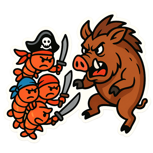 a gang of pirate shrimp and a angry boar charching at them