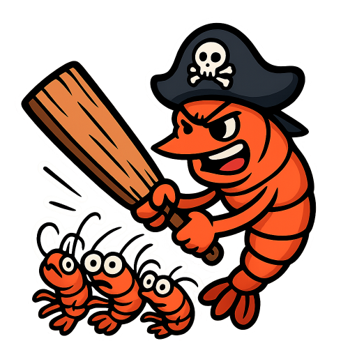 a gang of shrimp being wiped by a boss pirate