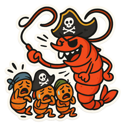 a wannabe gang of noob pirate shrimps, whimpering and cowering infront of a “only” lvl 4 boss pirate shrimp whipping them with joy and pleasure in his face.