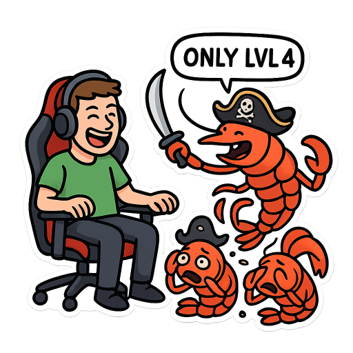 a guy sitting in a gaming chair laughing and watching a wannabe gang of noob pirate shrimps, whimpering and cowering infront of a “only” lvl 4 boss pirate shrimp whipping them with joy and pleasure in his face.