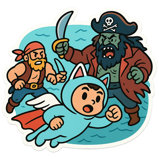 a dude cosplaying as a small flying cat watching some gigachad pirates slaying the craziest pirate boss ever