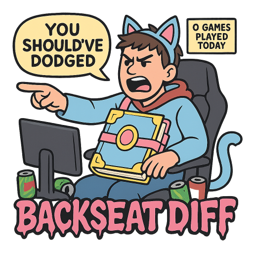 Die-cut Telegram sticker, bold cartoon style, thick black outlines, flat cel-shaded colors, transparent background. A smug guy slouched in a gaming chair wearing a janky Yuumi cosplay — cat-ear headband crooked, oversized pastel magical book strapped to his chest, fake tail drooping sadly. He’s pointing aggressively at an off-screen monitor, mouth wide open mid-rant, Mountain Dew and energy drink cans piled around him. No controller in his hands — he’s not even playing.
A glowing speech bubble reads “you should’ve dodged”. A small floating tag above his head says “0 games played today”. A dripping label across the bottom reads “BACKSEAT DIFF” in gnarly graffiti font.
Color palette: pastel pinks and blues (Yuumi) clashing with rusty reds. Centered subject, clean negative space, readable at small size.