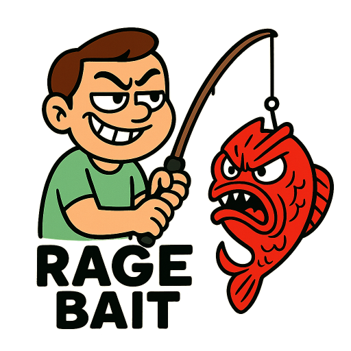 A clean, bold sticker illustration of a smug cartoon character holding a fishing rod, proudly reeling in an exaggerated, angry fish labeled “rage bait.” The character has a sly grin, the fish looks furious and over-the-top. Bright colors, thick outlines, minimal background, playful meme style.