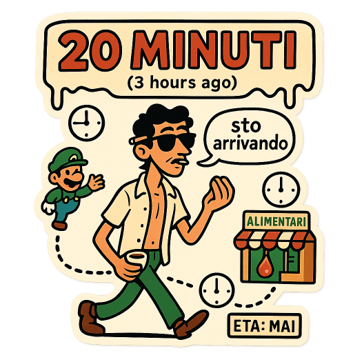 Die-cut Telegram sticker, bold cartoon style, thick black outlines, flat cel-shaded colors, transparent background. A lanky Italian guy strolling casually with zero urgency, hands gesturing mid-conversation (classic pinched-fingers “ma che” gesture), espresso cup in one hand, unlit cigarette behind his ear, shirt half-unbuttoned, sunglasses on indoors. Completely unbothered.
Trailing behind him in a curved dotted path: a tiny Luigi waving, a little alimentari storefront with hanging prosciutto, and a tiny nonna shaking a wooden spoon. Each stop has a small clock above it showing a different absurd time.
A huge dripping banner across the top reads “20 MINUTI” with ”(3 hours ago)” scrawled underneath in smaller shaky handwriting. A speech bubble near his head says “sto arrivando”. A small tag at his feet reads “ETA: mai”.
Color palette: warm Italian flag greens, creamy whites, tomato reds, golden espresso browns. Centered subject, clean negative space, readable at small size.