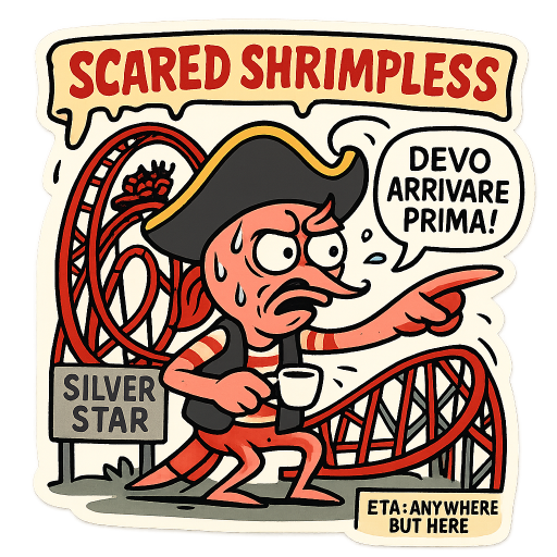 Die-cut Telegram sticker, bold cartoon style, thick black outlines, flat cel-shaded colors, transparent background. A scrawny Italian pirate shrimp with a tiny mustache and a slicked-back antenna, knees knocking together, sweating buckets, eyes darting sideways. Tricorn hat slightly too big, wearing a striped shirt under his pirate vest. One claw pointing dramatically into the distance in a “ma io devo…” gesture, the other clutching a tiny espresso cup for comfort.
Behind him looms the Silver Star roller coaster — massive red steel loops twisting menacingly, a cart full of screaming riders blurring past at the top. The shrimp is clearly inching away from the entrance gate.
A speech bubble from his mouth reads “devo arrivare prima!”. A dripping banner across the top reads “CODA DIFF” or “SCARED SHRIMPLESS” in gnarly graffiti letters. A small tag at his feet says “ETA: anywhere but here”.
Color palette: blazing Silver Star reds and steel grays clashing with the shrimp’s pinks and Italian flag accents. Centered subject, clean negative space, readable at small size.