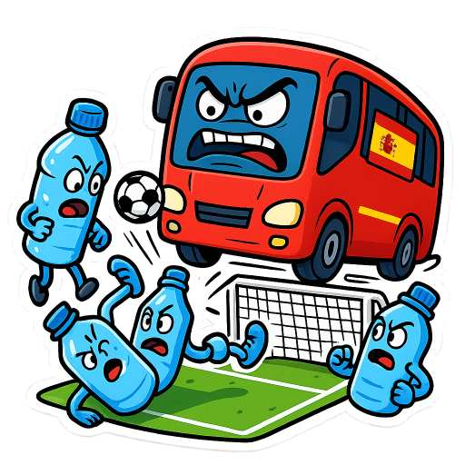 chaotic sticker illustration of a soccer match between a team of determined anthropomorphic water bottles and a giant angry Spanish team bus acting as the opposing team, dynamic action scene, exaggerated expressions, tiny soccer field, one water bottle doing a bicycle kick, the bus blocking the goal with its massive size, funny sports anime energy, thick clean outlines, vibrant colors, meme-style humor, high detail, glossy sticker aesthetic, white border, compact composition, no background, vector-style art