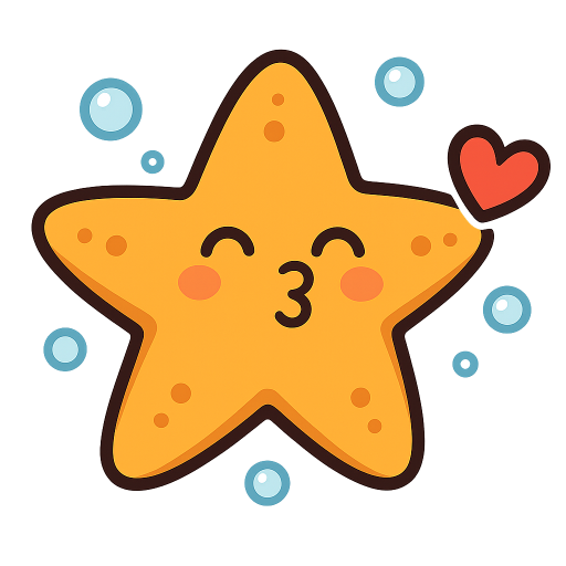 a happy starfish blowing a kiss in heart shape, bubbles in the background