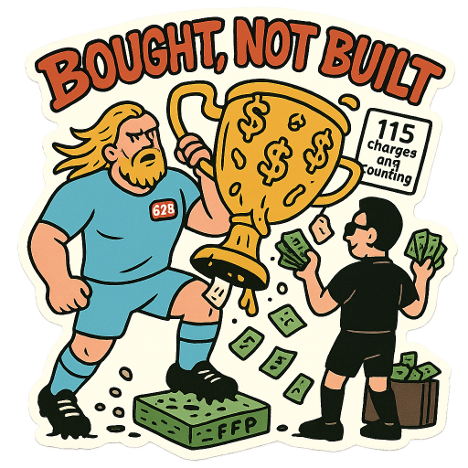 Die-cut Telegram sticker, bold cartoon style, thick black outlines, flat cel-shaded colors, transparent background. A massive blonde Viking-looking striker in a sky blue kit (no club crest, no name), blank dead-eyed stare, mouth slightly open, lifting an oversized golden trophy that’s comically dripping with dollar signs and price tags still attached. Receipts and invoices spilling out of the trophy cup instead of confetti. His boots stomping on a tiny rulebook labeled “FFP” with footprints all over it.
Behind him: a generic cartoon referee in black, back turned to the action, gleefully fanning a thick stack of cash, sunglasses on, briefcase overflowing with more bills at his feet. A small whistle hanging unused around his neck.
A dripping banner across the top reads “BOUGHT, NOT BUILT” in gnarly graffiti letters. A floating tag near the trophy says “115 charges and counting”. A small price sticker on the kit reads “€2B”.
Color palette: sky blue, gold, dirty green money tones, rusty red accents. Centered subject, clean negative space, readable at small size.